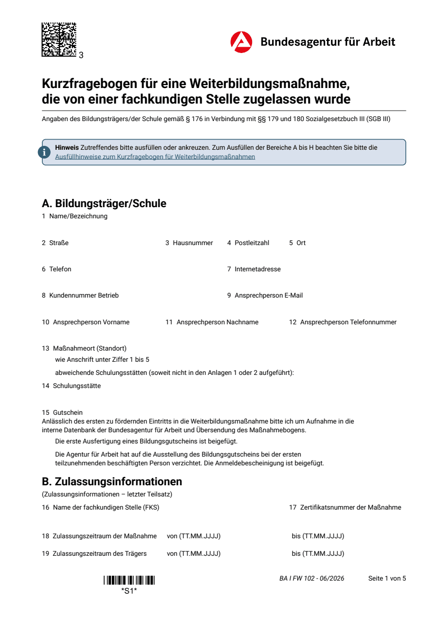 Vorschau des BA-Dokuments Kurzfragebogen für eine zugelassene Weiterbildungsmaßnahme