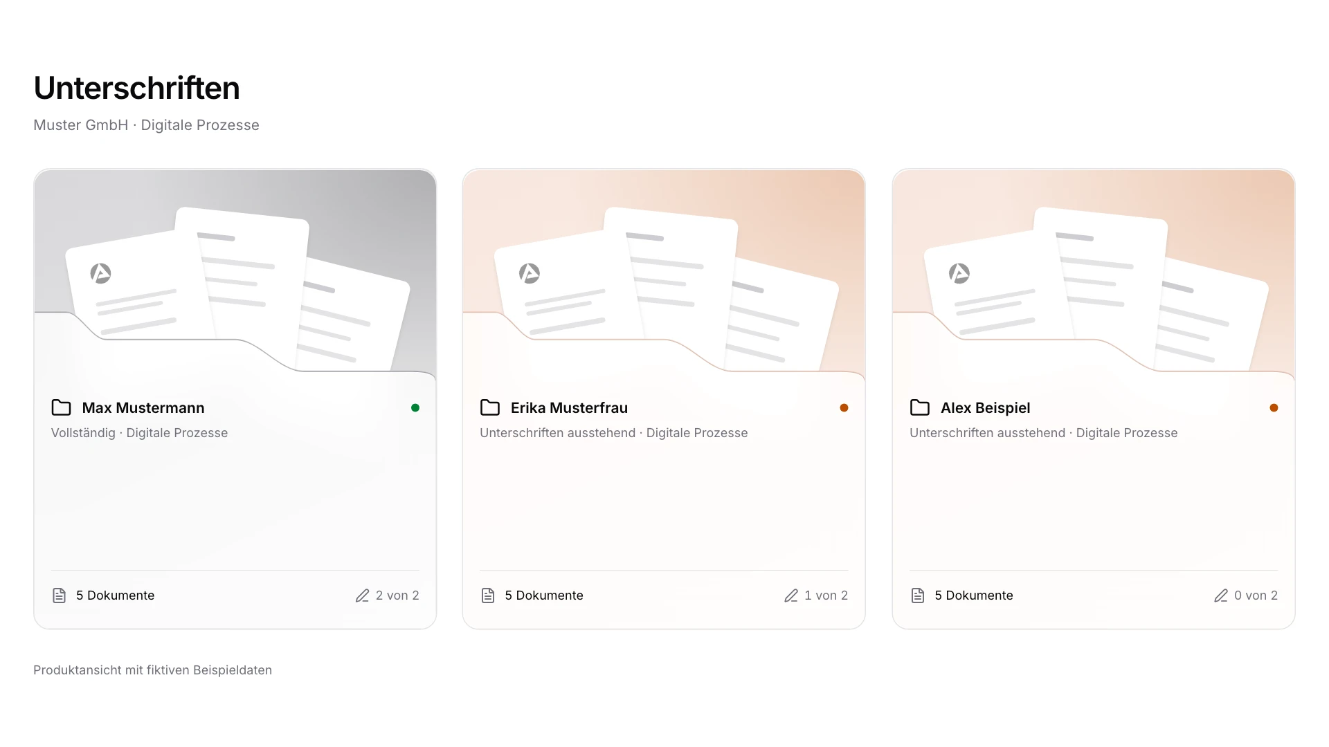 Unterschriftenstatus von drei Einzelanträgen mit fiktiven Beispieldaten